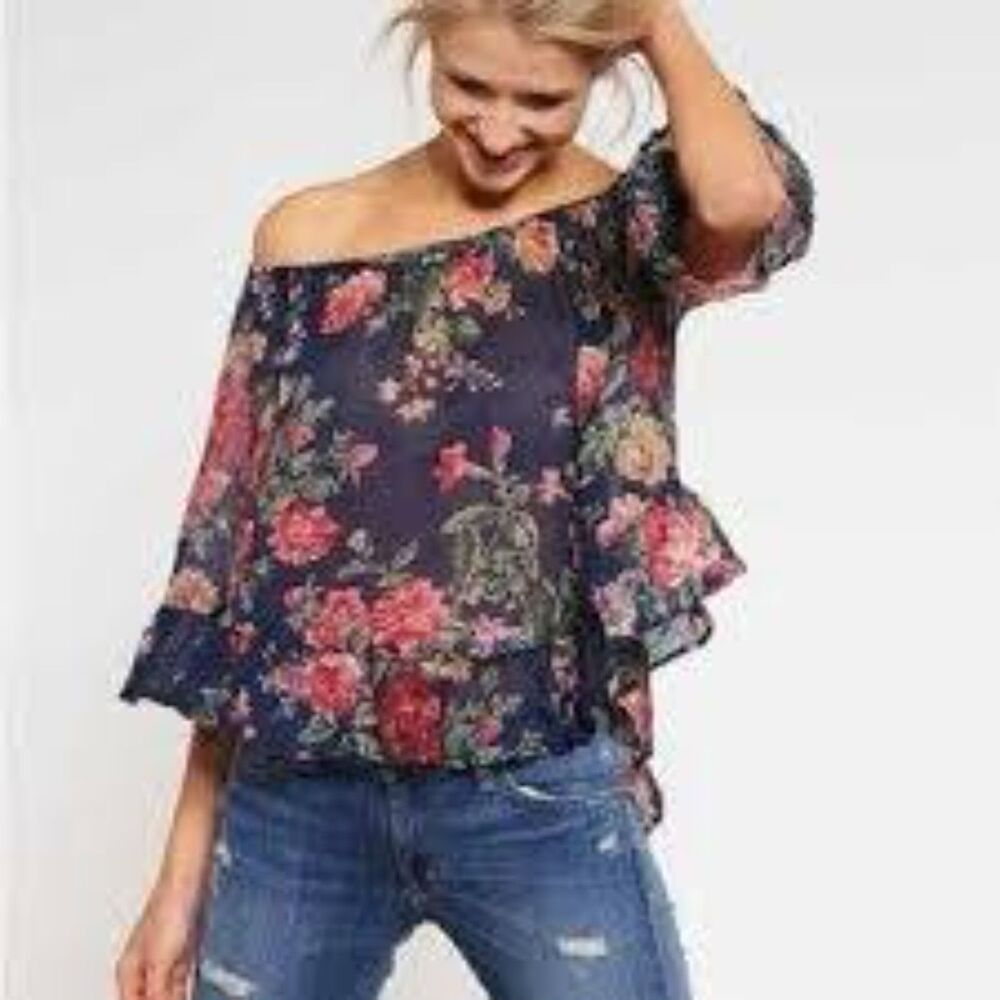 Denim & Supply Ralph Lauren Women's Blue Boho Floral Off The Shoulder Top Size L